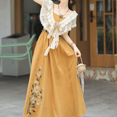 Embroidered Flower Yellow Dress Set