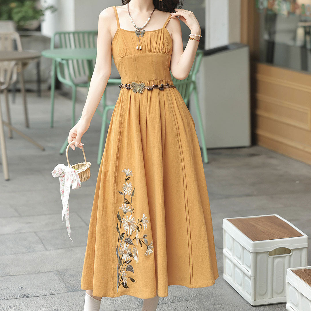 Embroidered Flower Yellow Dress Set