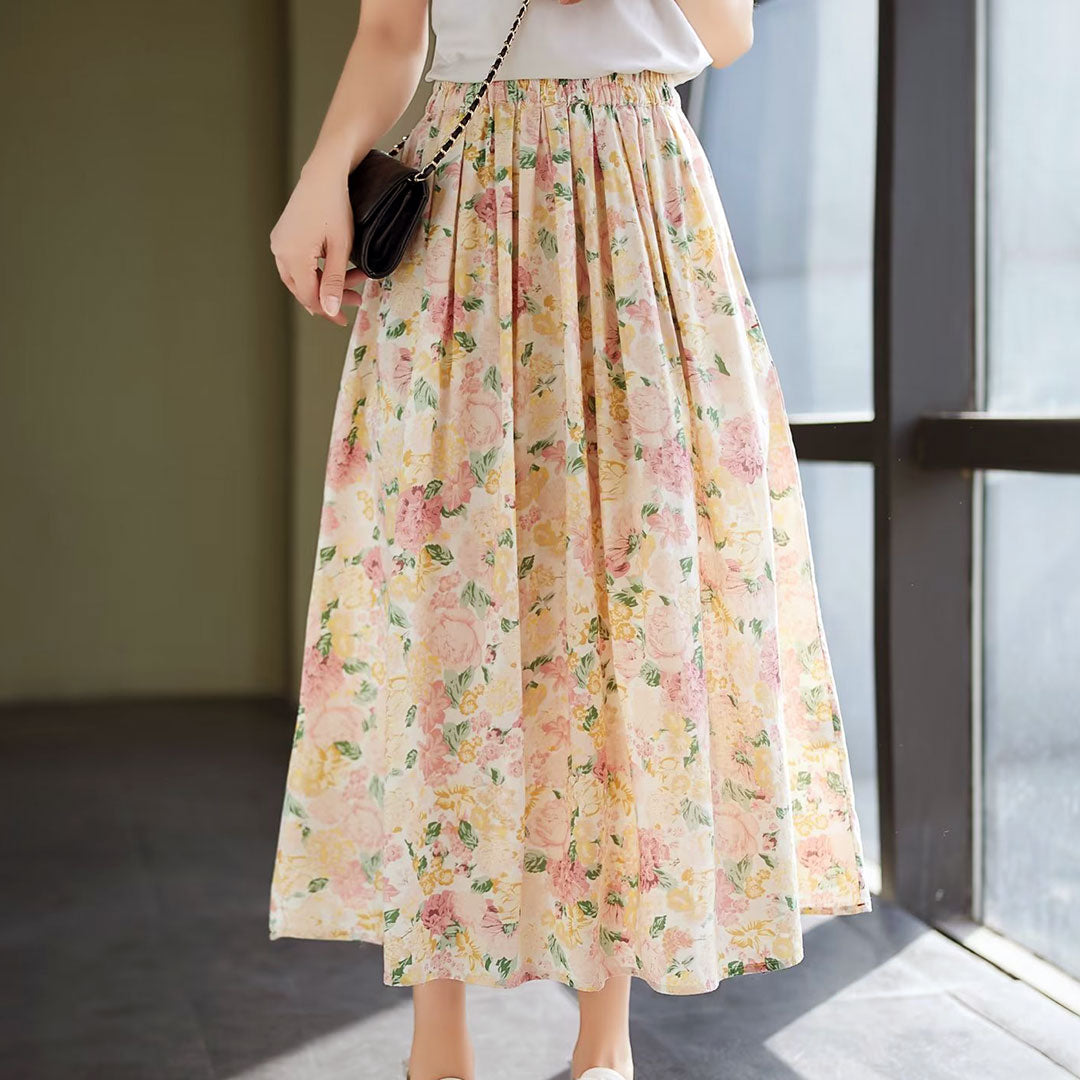 Floral Elastic Waist Skirt