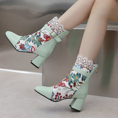 Floral Lace Chunky Heel Boots