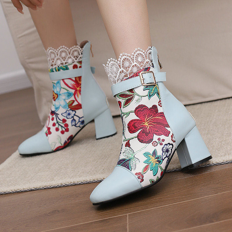 Floral Lace Chunky Heel Boots