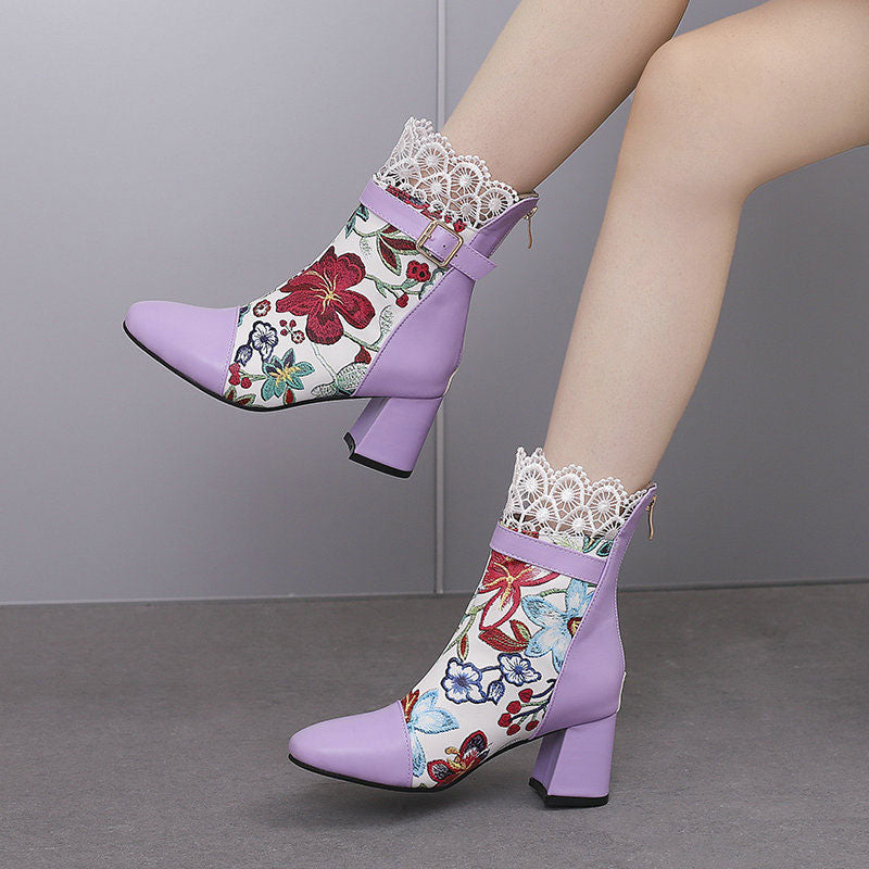 Floral Lace Chunky Heel Boots