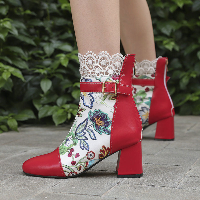 Floral Lace Chunky Heel Boots