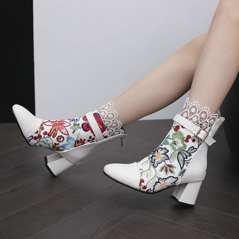 Floral Lace Chunky Heel Boots