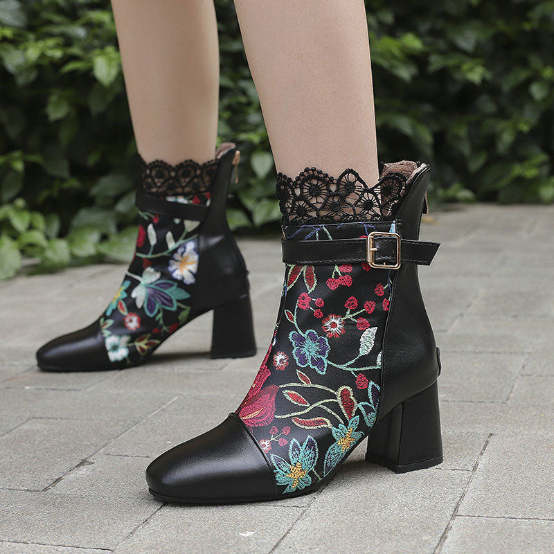 Floral Lace Chunky Heel Boots