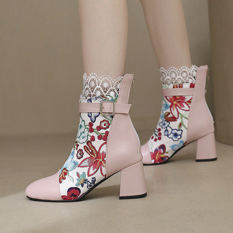 Floral Lace Chunky Heel Boots