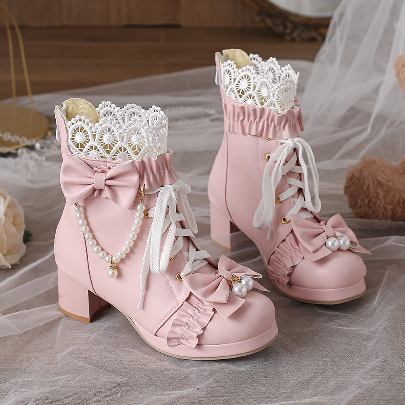 Flower Bow Beaded Chunky Heel Boots