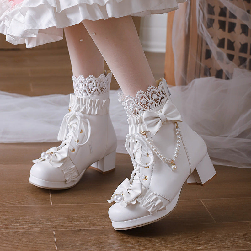 Flower Bow Beaded Chunky Heel Boots