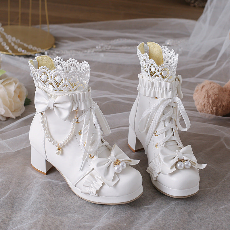 Flower Bow Beaded Chunky Heel Boots