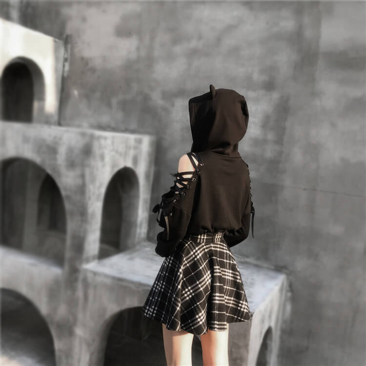 Cat Hoodie Plaid Skirt Set