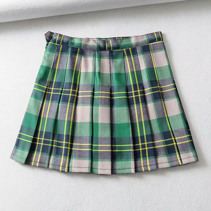 Green Grid Pleated Skirt