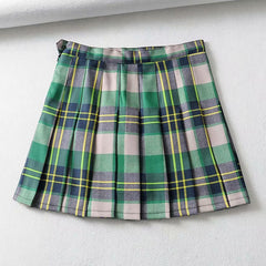 Green Grid Pleated Skirt