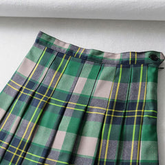 Green Grid Pleated Skirt