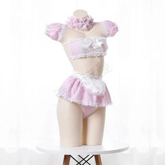 Kawaii Girls Candy Sweet School Cosplay Maid Strapless Lace Plaid Underwear Set
