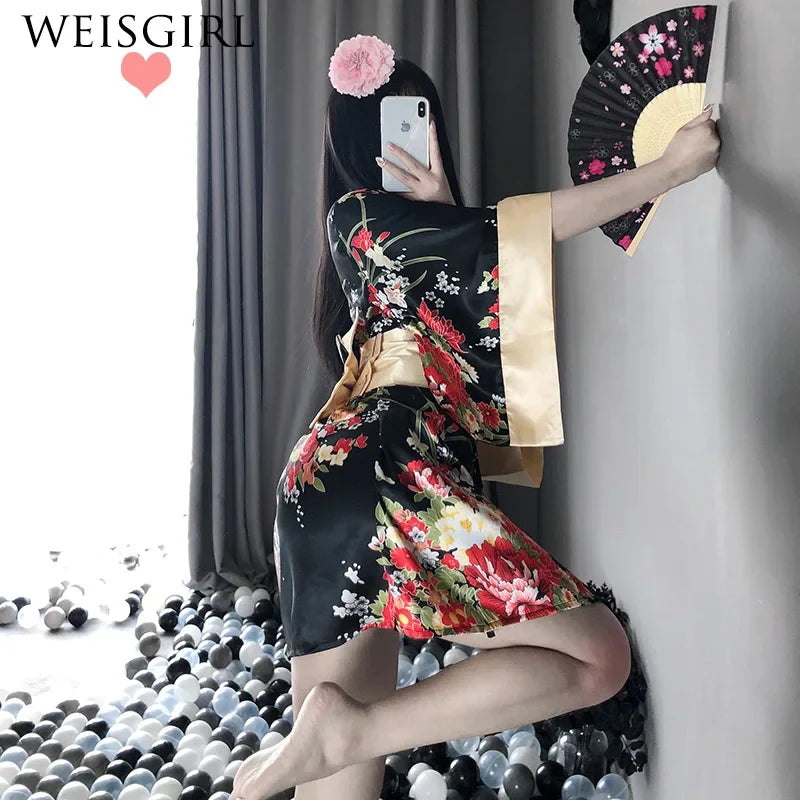 Kimono Cosplay Outfit Traditional Style Robe Yukata Costumes Pajamas Soft Silk Belt 3pcs Lingerie Set