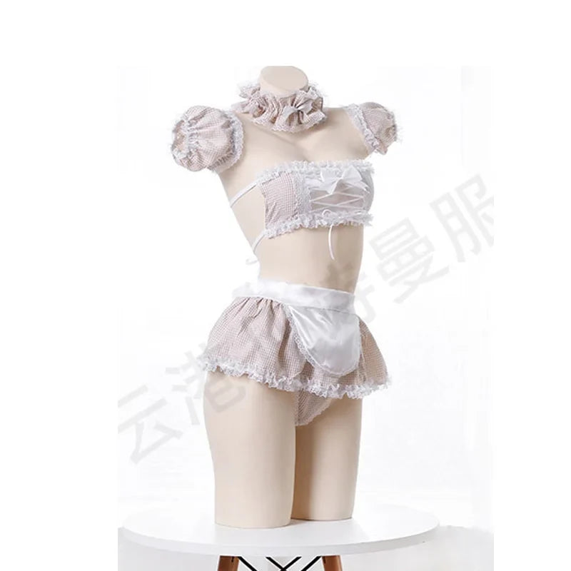 Kawaii Girls Candy Sweet School Cosplay Maid Strapless Lace Plaid Underwear Set