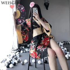 Kimono Cosplay Outfit Traditional Style Robe Yukata Costumes Pajamas Soft Silk Belt 3pcs Lingerie Set