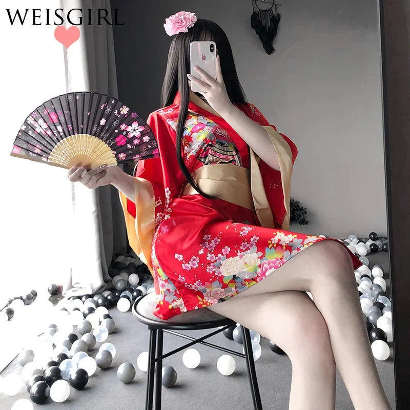 Kimono Cosplay Outfit Traditional Style Robe Yukata Costumes Pajamas Soft Silk Belt 3pcs Lingerie Set