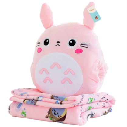 Gray/Pink Cartoon Pillow + Blanket