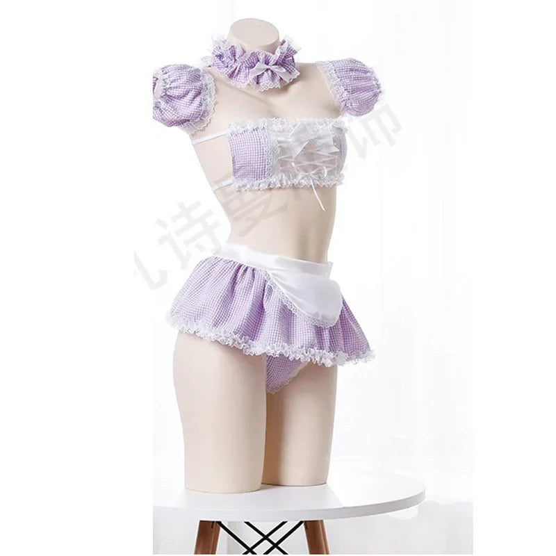 Kawaii Girls Candy Sweet School Cosplay Maid Strapless Lace Plaid Underwear Set