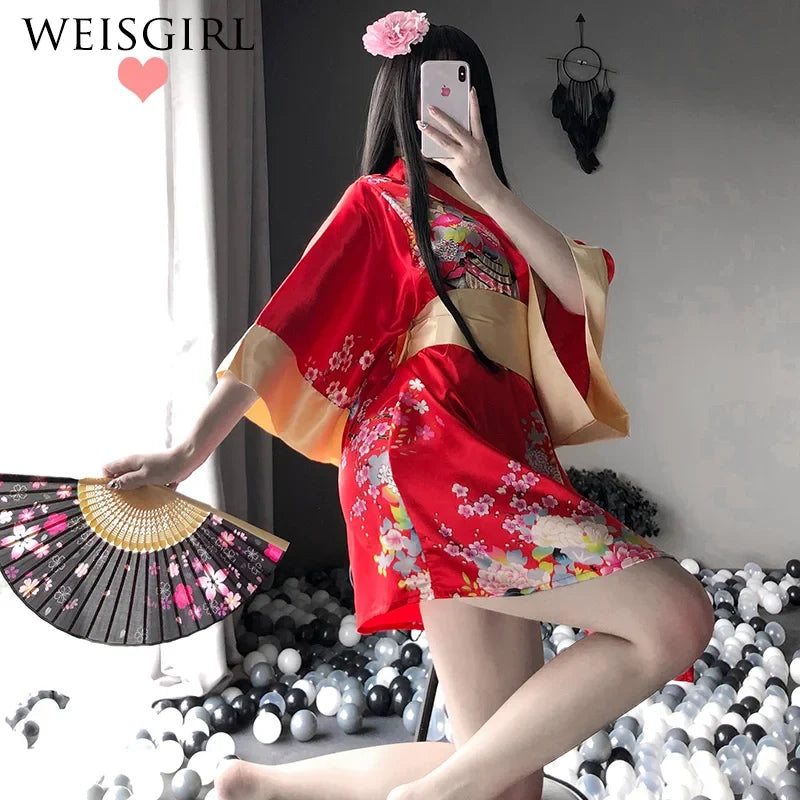 Kimono Cosplay Outfit Traditional Style Robe Yukata Costumes Pajamas Soft Silk Belt 3pcs Lingerie Set