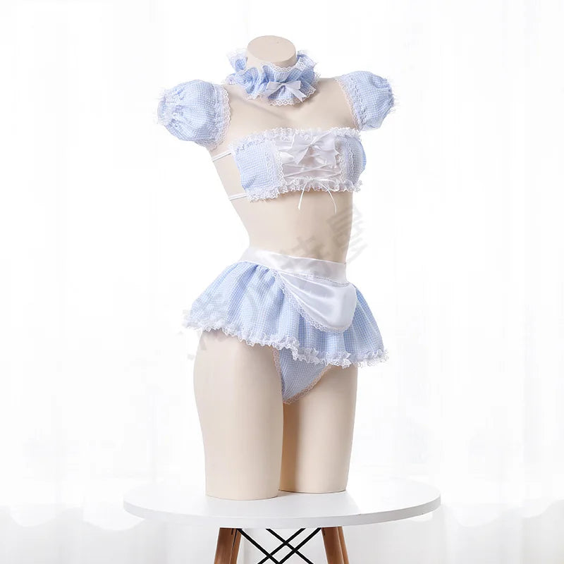 Kawaii Girls Candy Sweet School Cosplay Maid Strapless Lace Plaid Underwear Set
