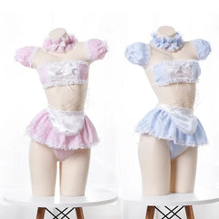 Kawaii Girls Candy Sweet School Cosplay Maid Strapless Lace Plaid Underwear Set