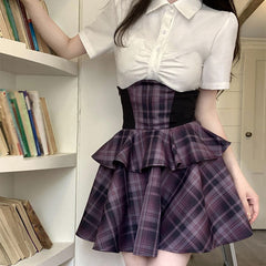 High Waisted Purple Plaid Skirt Set