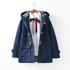 JK Woolen Horn Button Hooded Coat