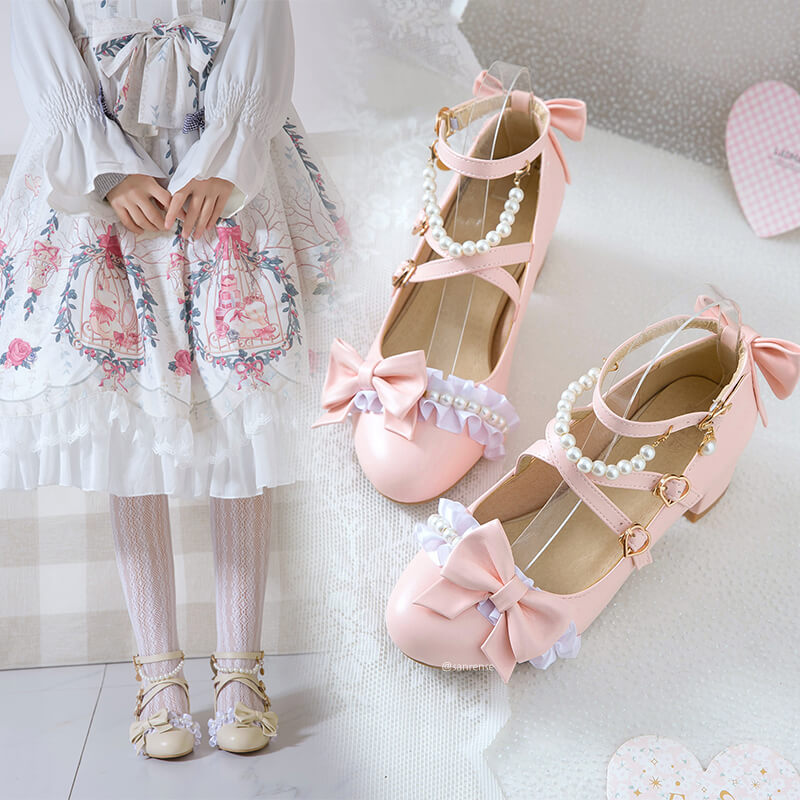 Japanese Bow Pearl Lace Shoes