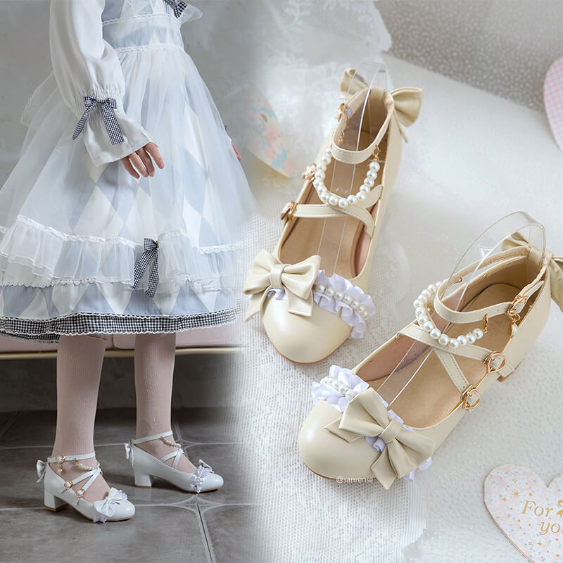 Japanese Bow Pearl Lace Shoes