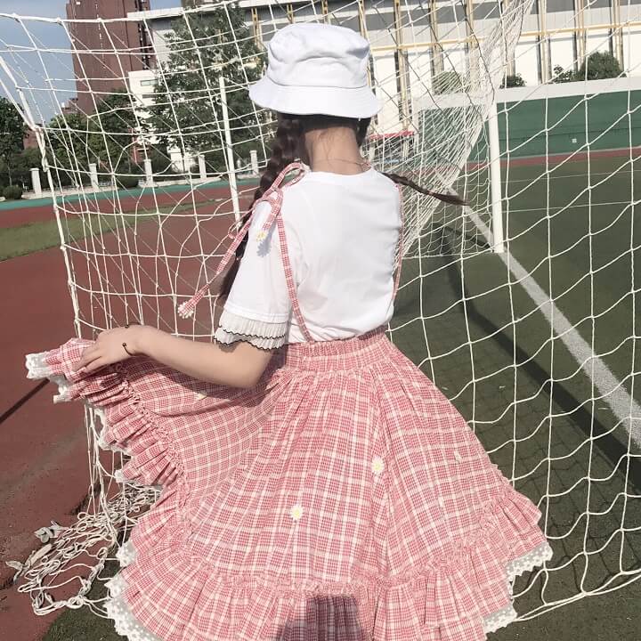 Japanese Grid Blouse Braces Skirt Set