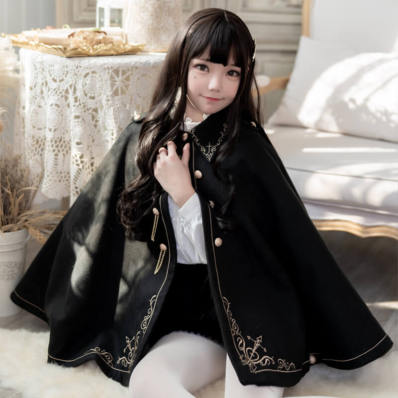 Japanese Embroidered Dovetail Woolen Cape Coat