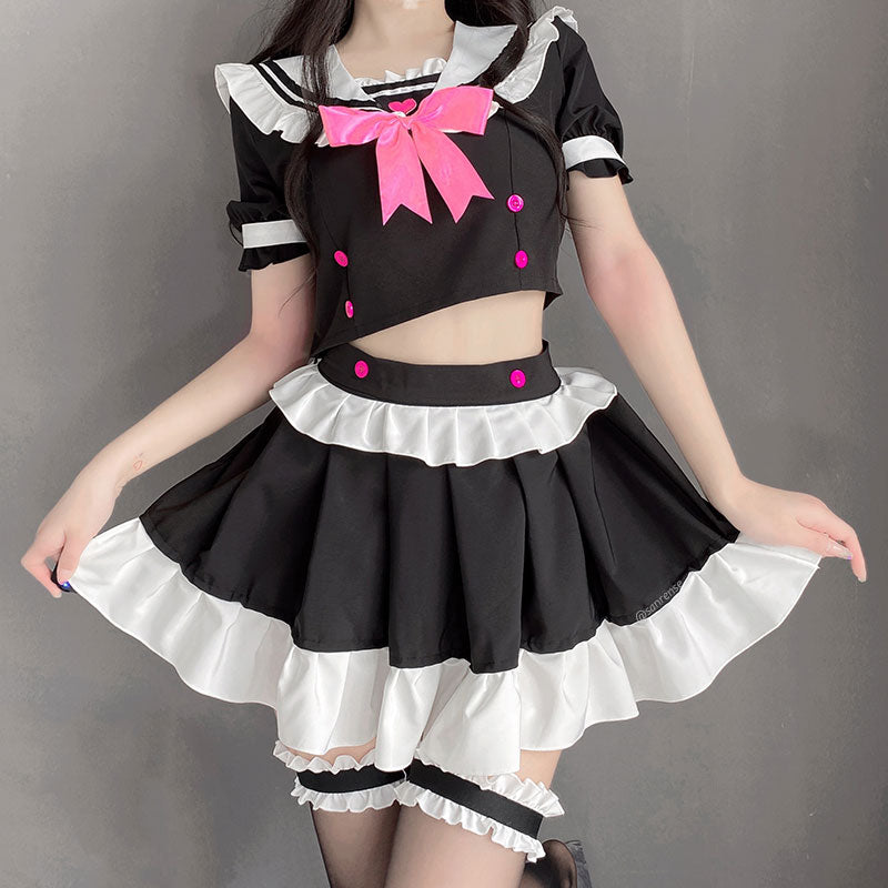 Kawaii Bow Black Maid Skirt Set