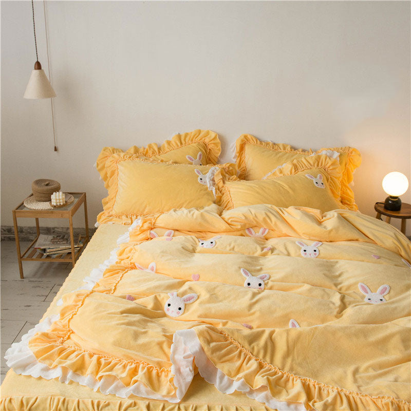 Kawaii Flower Rabbit Velvet Bed Sheet Set