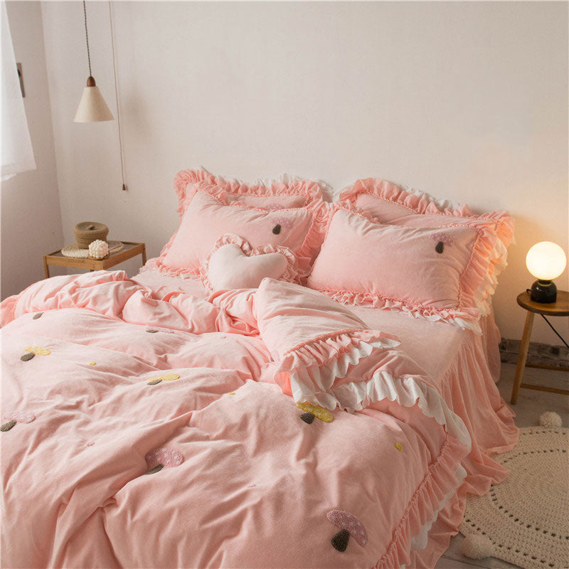 Kawaii Flower Rabbit Velvet Bed Sheet Set