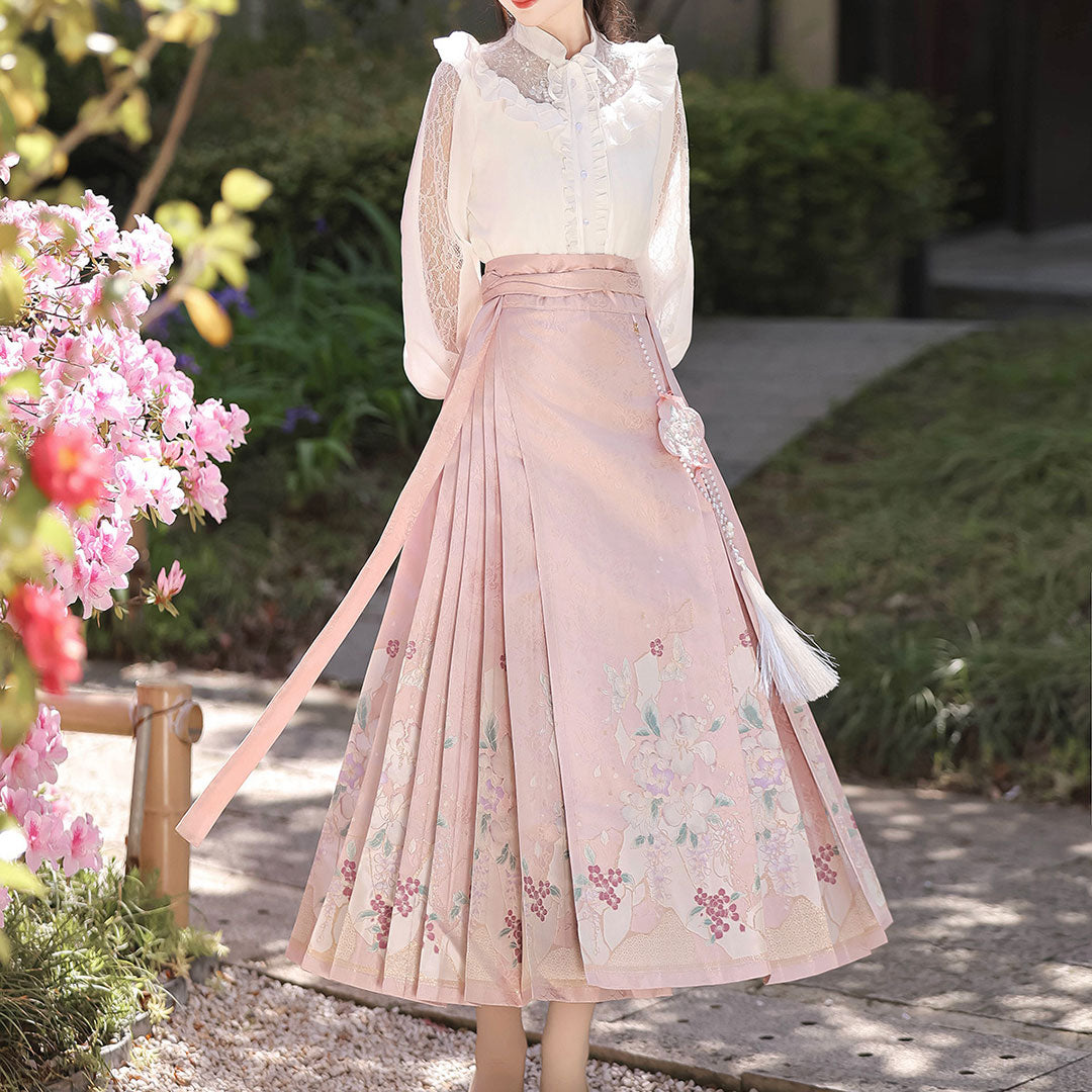 Lace Blouse Fringe Flower Skirt Set