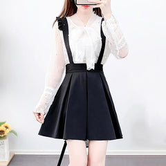 Lace Bow Blouse Suspender Skirt Set