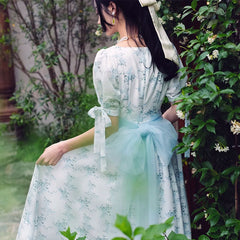 Lace Bow Flower Blue Dress