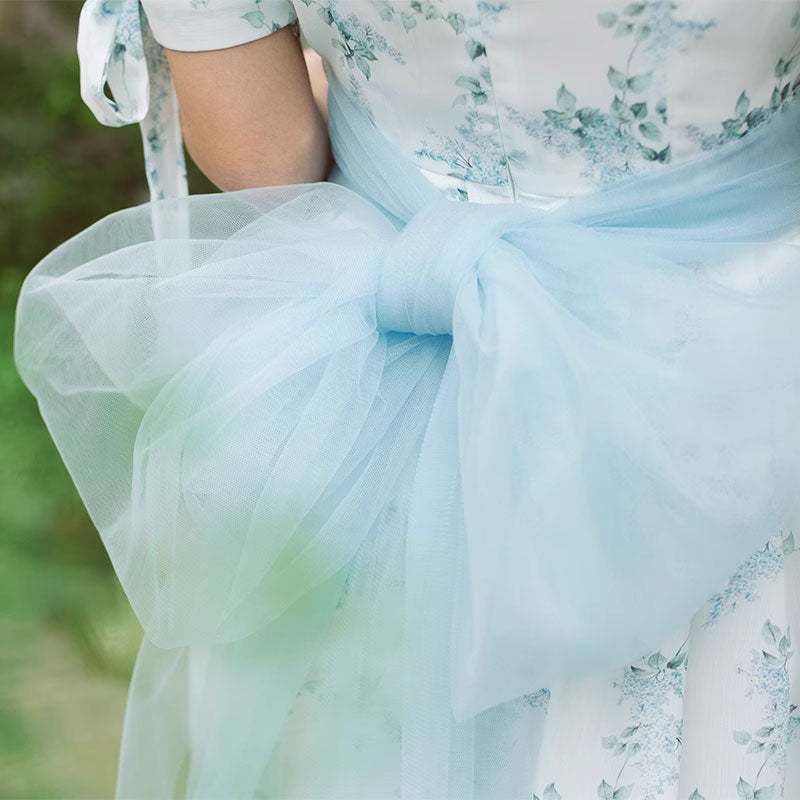 Lace Bow Flower Blue Dress