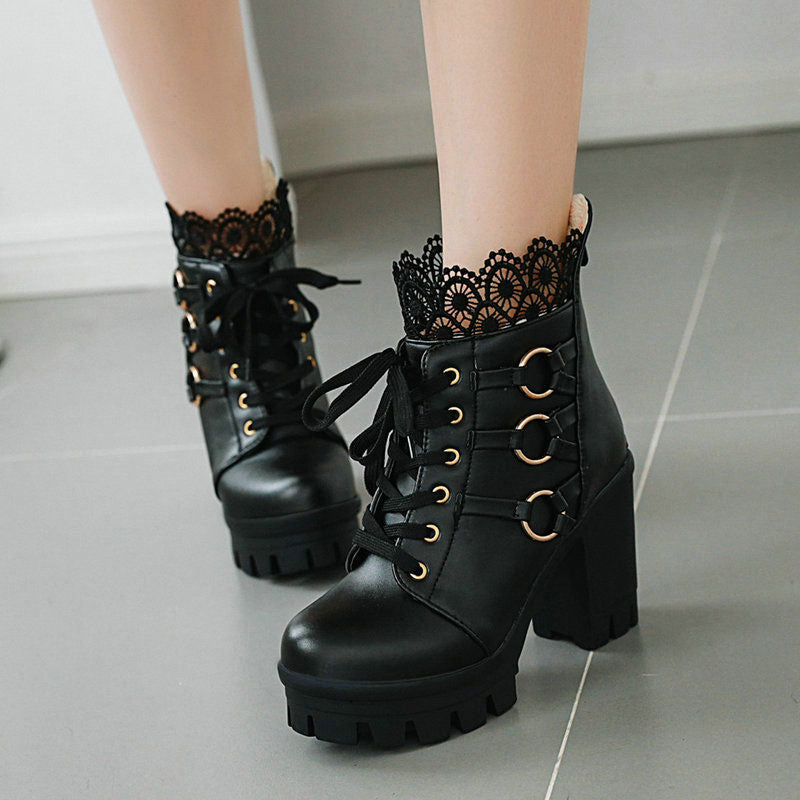 Lace Chunky Heel Boots