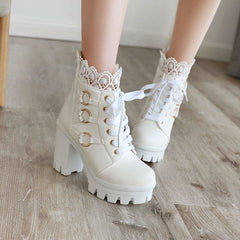 Lace Chunky Heel Boots