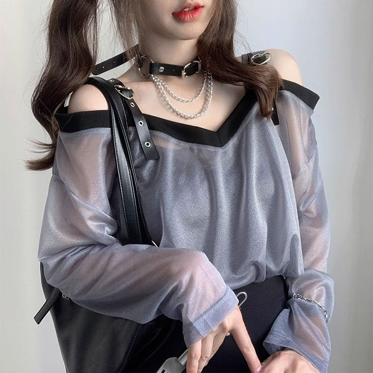 Mesh Leather Button Top