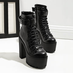 Metal Buckle Zipper Black Ankle Boots