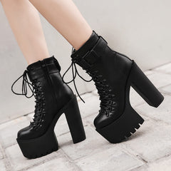 Metal Buckle Zipper Black Ankle Boots