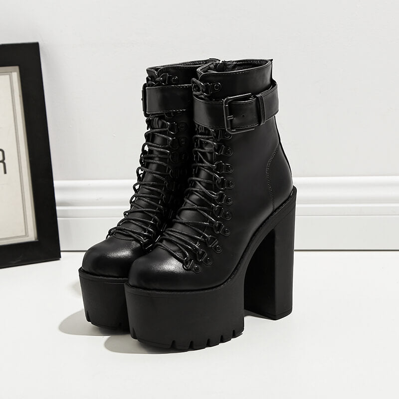 Metal Buckle Zipper Black Ankle Boots