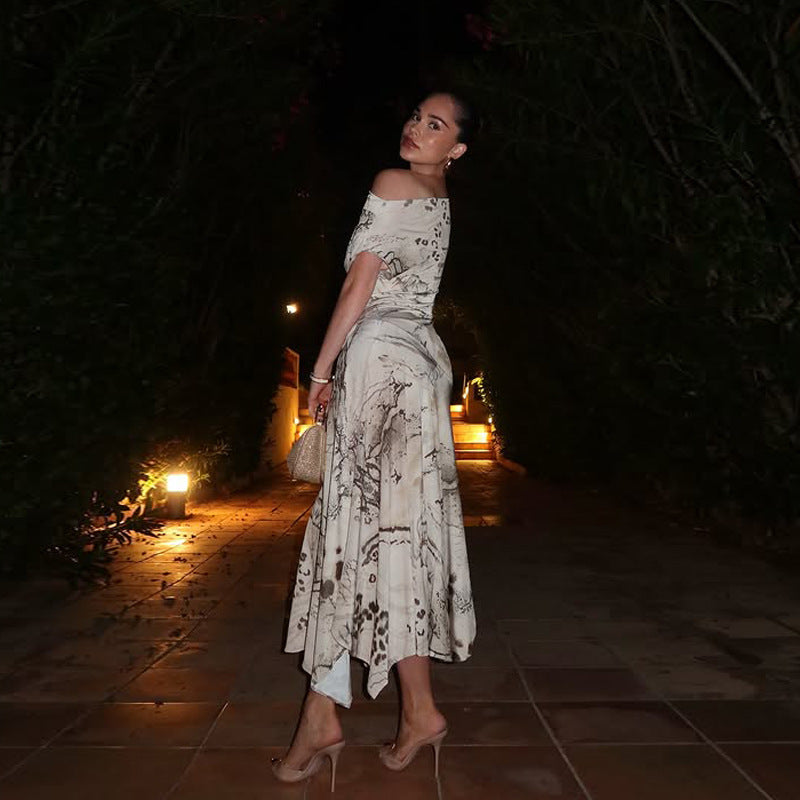 Off-shoulder printed dress with slanted neckline