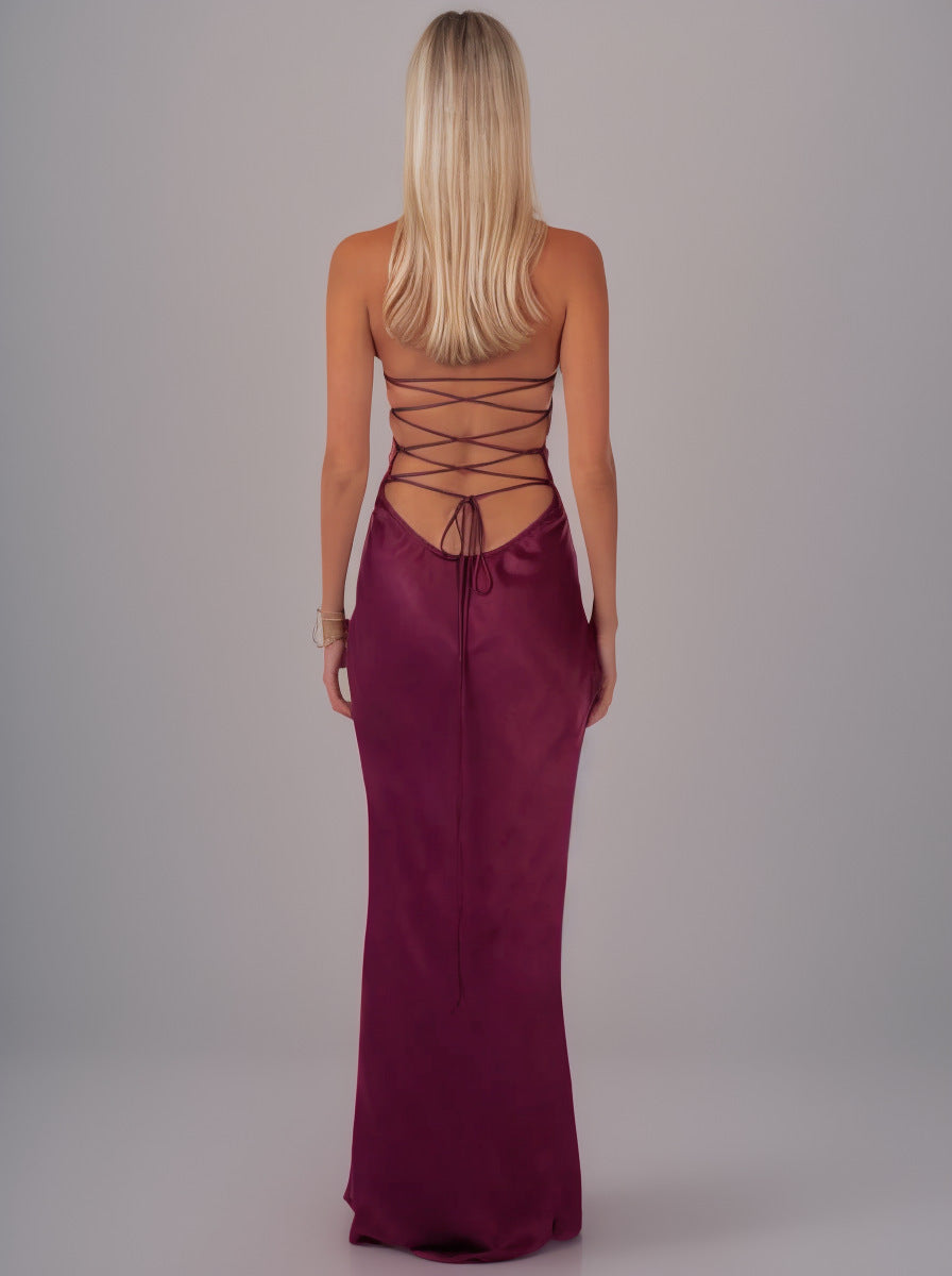 Sequined Satin Solid Color Open Back Tie Hip Dress