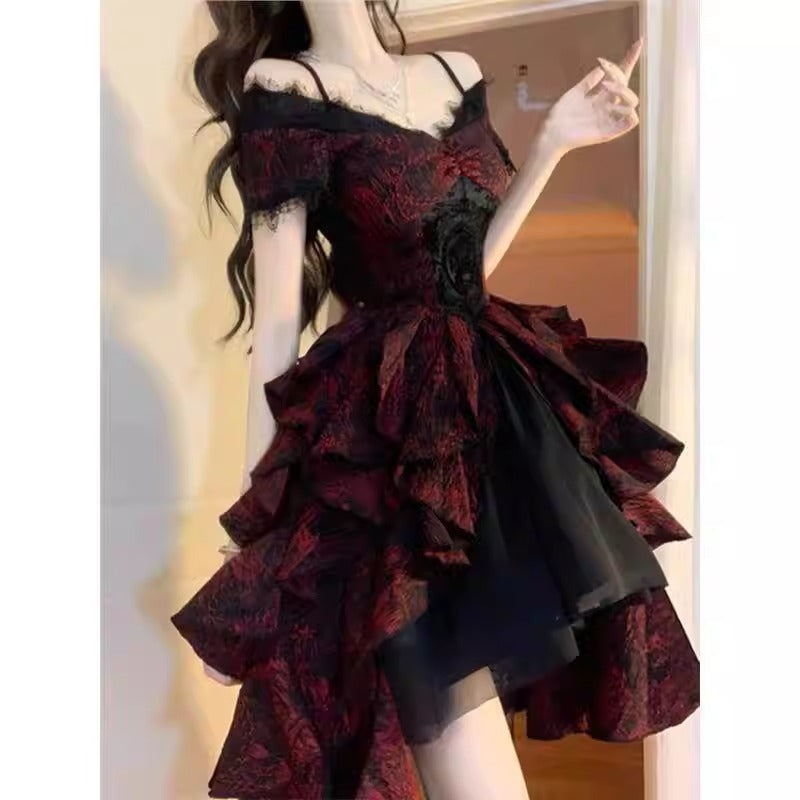 Floral Lace Halter Puffy Dress