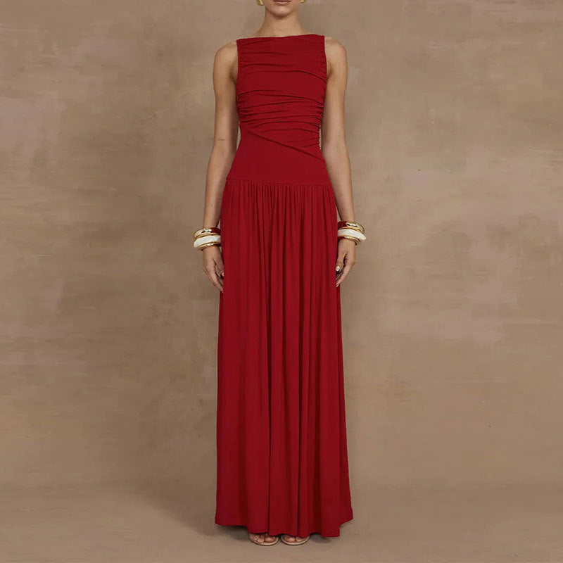 Elegant solid color slim fit pleated dress